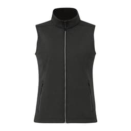 A black waterproof softshell vest with a zip front and side pockets, featuring a high collar and no sleeves.