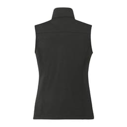 A dark grey women's softshell vest with a high collar and a fitted design, featuring a logo on the back.
