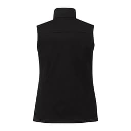 A black women's softshell vest with a high collar and no sleeves, featuring a logo on the back.