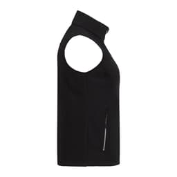 A black women's eco waterproof softshell vest with a high collar and a zippered side pocket.