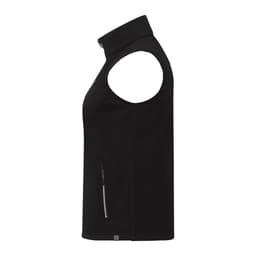 A black women's eco waterproof softshell vest featuring a high collar and side zip pocket, with a logo.