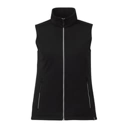 A black women's eco waterproof softshell vest with a high collar and zippered pockets, featuring a logo.