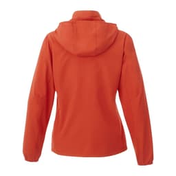 An orange women's packable rain jacket featuring a hood and a branded logo on the back.