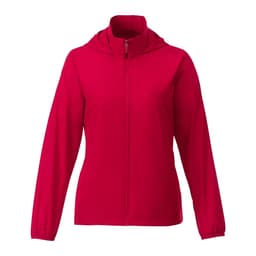 A red women's packable jacket featuring a zip front and hood. The jacket has a logo on it.