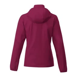 A maroon Women's TOBA Packable Jacket featuring a hood, designed for rain protection. The back view shows a simple silhouette.