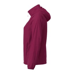 A women's packable rain jacket in a deep burgundy colour, featuring a hood and side pockets. It has a logo.