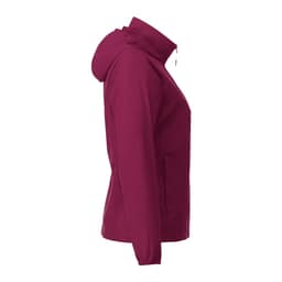 A maroon women's packable rain jacket with a hood and a logo on the side.