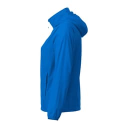 A blue women’s packable rain jacket with a hood, featuring a side view and a logo.