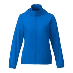 A bright blue women's packable rain jacket with a hood and full zip front. It features long sleeves and a logo.