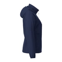 A navy Women's TOBA Packable Jacket featuring a hood and a side zip pocket, with a logo on the front.