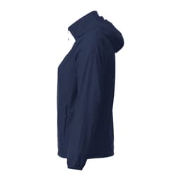 A navy women's packable rain jacket with a hood, featuring a side view and a logo on the chest.