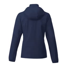 A navy women's packable jacket featuring a hood and long sleeves, with a logo on the back.