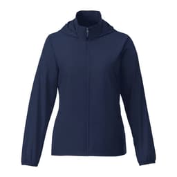 A packable women's rain jacket in navy blue, featuring a hood and a zippered front, with an understated logo.