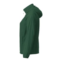 A green women's TOBA packable rain jacket with a hood and side pockets. Features a branding logo.