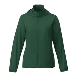 A women's packable rain jacket in a rich green colour with a hood and front zip. Features a logo on the jacket.