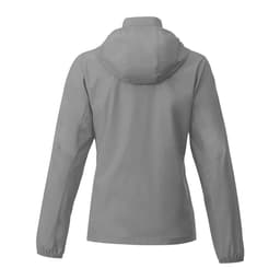 A women's packable rain jacket in light grey with a hood, featuring a logo on the back.