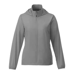 A packable women's rain jacket in grey featuring a zip front and a hood, with elastic cuffs and a branding logo.