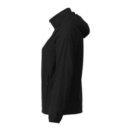 A women's black packable rain jacket featuring a hood and side pockets, displayed in a side view.