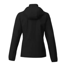 A black packable rain jacket for women, featuring a hood and long sleeves. It has a logo on the back.