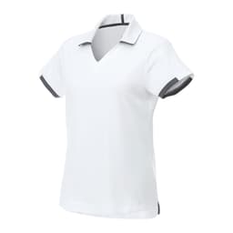 A white short sleeve polo shirt with grey accents and a collar, featuring a logo.
