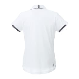 A white women's short sleeve performance polo shirt featuring black accents and a logo.