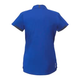 A blue women's short sleeve performance polo with a collared neckline and contrasting trim. The shirt features a logo.