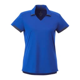 A women's short sleeve polo shirt in vibrant blue with a v-neck and contrasting details. Features a logo.