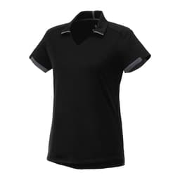 A black women's short sleeve polo shirt with contrast trim and a logo. Suitable for performance wear.