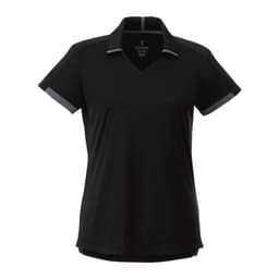 A black short sleeve polo shirt with a v-neck design and contrasting trim. Features a logo.