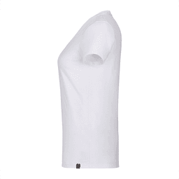 A side view of a women's short sleeve tee in white, featuring a simple design and a small logo tag.