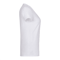 A white short sleeve women's t-shirt with a fitted silhouette and a logo on the side.