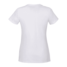 A women's short sleeve tee in white, featuring a fitted design and a logo on the back.
