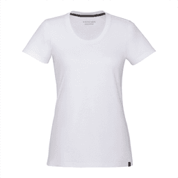 A white women's short sleeve tee featuring a round neckline and a small logo tag on the hem.