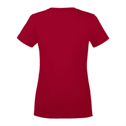 A red short sleeve women's tee with a fitted design and a simple back. It features a logo.