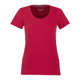 A vibrant red short sleeve T-shirt for women, featuring a scoop neck and a small logo.
