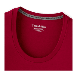 A maroon short sleeve women's t-shirt with a rounded neckline and a logo on the interior tag.