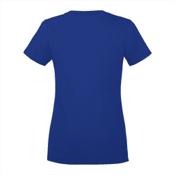 A blue women's short sleeve tee with a fitted design and a logo on the back.
