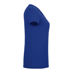 A blue women's short sleeve tee with a round neckline and a logo. Displayed in a side view.