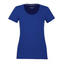 A women's short sleeve T-shirt in a vibrant blue colour, featuring a round neckline and a small logo.