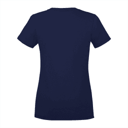 A women's short sleeve tee in navy blue with a fitted style and a logo on the back.