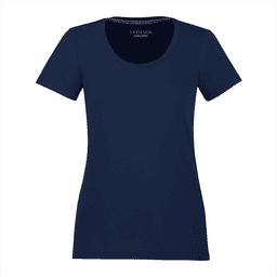 A navy women's short sleeve tee featuring a rounded neckline and a logo.