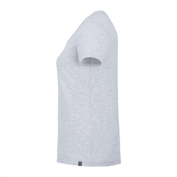 A women's short sleeve tee in light grey, featuring a fitted design and a logo detail at the hem.