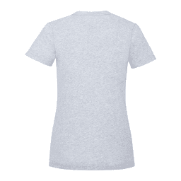 A grey women's short sleeve t-shirt with a fitted design and a branding logo.