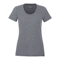A women's short sleeve tee in grey, featuring a round neckline and a subtle logo.