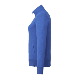 A women's polar fleece jacket in blue, featuring a full zip and side pockets, with a brand logo.