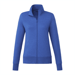 A women's full zip polar fleece jacket in blue with a high collar and long sleeves, featuring a logo.