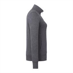 A women's polar fleece jacket in grey, featuring a full zip and side pockets, with a logo displayed.