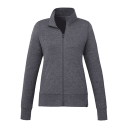A grey full zip polar fleece jacket for women, featuring long sleeves and a high collar. It has a logo.