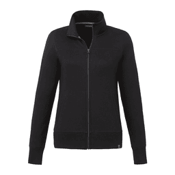 A women's black polar fleece full zip jacket with a high collar and side pockets, featuring a logo.