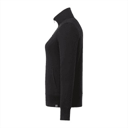 A black women's fleece jacket with a full zip and a front pocket, featuring a logo on the side.